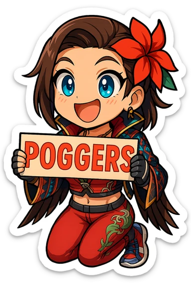 Azucena from Tekken 8 in chibi sticker style, holding a sign that says 'POGGERS' with an excited expression, wearing the detailed red and patterned outfit from the reference images, designed for Twitch emote use. sticker