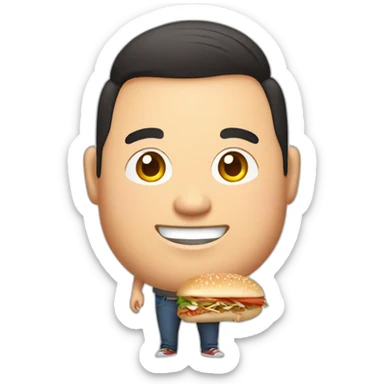A chubby brunette Asian man smiles and holds a doner sticker