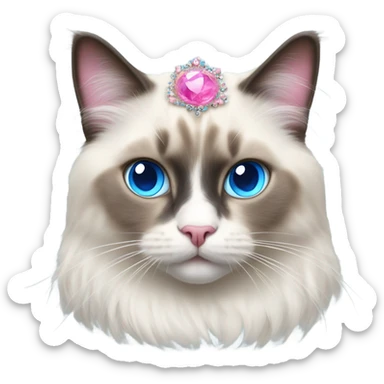 Realistic ragdoll cat with blue eyes wearing pink diadem sticker