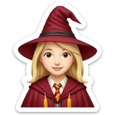 A young woman wearing a classic witch’s hat, red tie, and wizarding robes. This outfit suggests she's a student from Gryffindor House (from the Harry Potter universe), as the red tie is a signature detail of that house's uniform. sticker