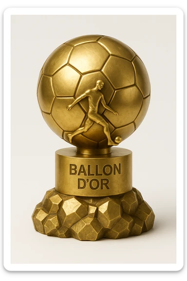Add a footballer silhouette to the Ballon d'Or trophy, keeping a stylized cartoon gold look with sparkles and a simple background. sticker
