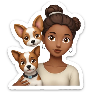 smart, 30 year old, brown African girl, back bun hairstyle, with one big white brown dog sticker