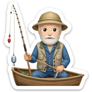 an old white haired, bearded man in fisherman attire, sat in a big boat on the ocean, holding one fishing rod in one hand, with the end of the fishing line touching the water sticker