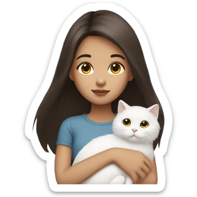 Dark brown straight hair girl holding white fluffy cat  sticker