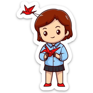 Ukrainian young girl with brown hair wearing an embroidered shirt holds an origami red crane sticker