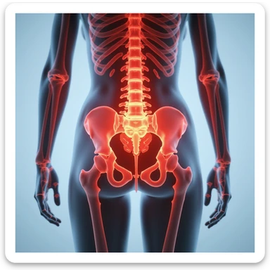 Anatomical view of piriformis muscle on a standing woman, highlighted in red in the gluteal region, bones and other muscles visible in transparency, frontal view, hyperrealism 4K, white background sticker