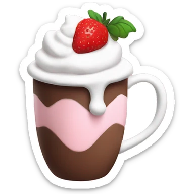 hot chocolate with mug and whip cream and pale pink strawberry sticker