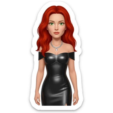 Scarlett Johansson with green eyes, long red hair, black metallic off shoulder long dress, silver necklace sticker