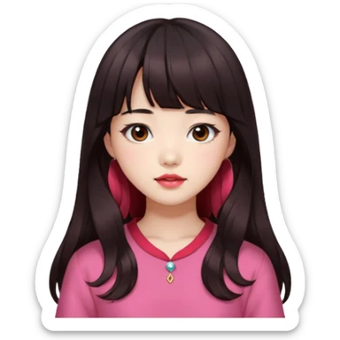 Korean girl, red top, black brown hair, brown eyes, long wavy hair, aesthetic, long hair, hime cut, blunt bangs, pink lip sticker