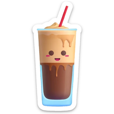 A 3D style emoji of Vietnamese iced coffee in a glass with a straw and a coffee drop on the glass, highlighting the glass and the coffee drips. sticker