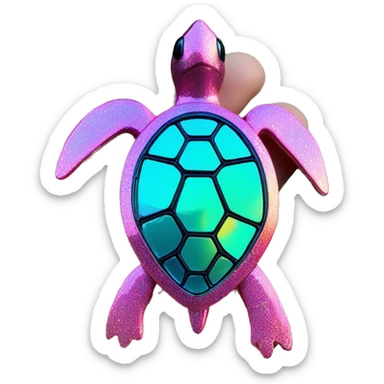 Sparkling cyan pink Turtle made from kaleidoscopic rainbow oilslick cyan glass, stained glass art sticker