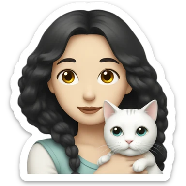 dark haired woman hugging a white cat sticker