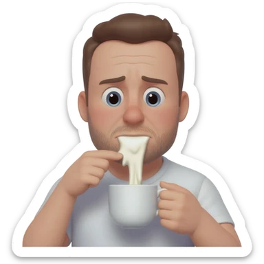 A guy licking goopy milk from a cup who is super embarrassed sticker