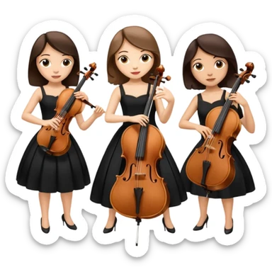 Create an imagine of three brunette women playing string instruments in black dresses, the first is playing a cello, the second is playing a viola and the third is playing the violin sticker