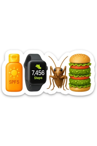 emoji stile iphone di una boccetta di CREMA SOLARE, UNO SMARTWATCH CONTAPASSI, UN GRILLO, UNA TORRETTA DI HAMBURGER FATTI CON I PISELLI, IPERREALISTICO 4K sticker