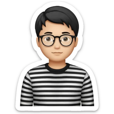 asian man with black curtains styled hair in striped sweater standing and in glasses sticker