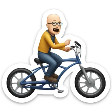 A half bald man riding a bike with a thought bubble yelling band sticker