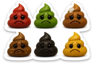 emoji stile iphone 3d di una cacca di colore rosso, una cacca di colore verde, una cacca di colore marrone con muco bianco visibile sopra,  una cacca di colore marrone con penne di pasta a pezzetti visibili all'interno di essa,  una cacca di colore nero e una cacca di colore giallo, tutte le cacche hanno un espressione triste, iperrealistiche 4k sticker