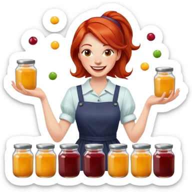 redhead woman juggling with 3 glass jars with jam sticker