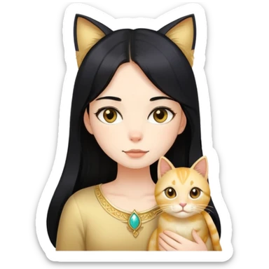 long black hair girl  with light gold cat sticker