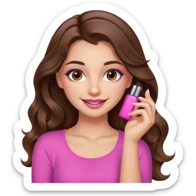 girl with long wavy brown hair, brown eyes, long lashes makeup, sexy pink lips, light to medium complexion, pink sexy top, smiling, hand by the cheek sticker