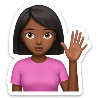 Dark skin girl asking for money with hand out make her more fabulous but still a clean look with a black bob and pink shirt  brown eye  sticker