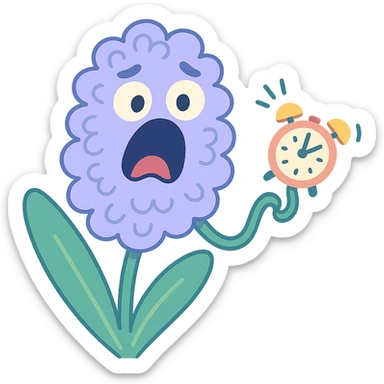 pastel blue hyacinth flower with alarmed eyes and a screaming mouth, waving a tiny alarm clock, fluffy and round, pastel toon style sticker