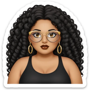 big plus size, latina, darker tan skin, gold hoops, long black curly hair, baddie,pretty, makeup, lipgloss, black eyeliner, long hair, black top, black glasses sticker