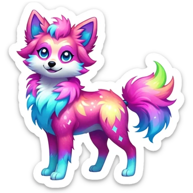 Vibrant multicolored neon-colored Falvie-Fionbri-creature-sparkle-dog-fursona, full body sticker