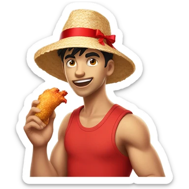 Young guy with black hair in a red tank top, wearing a straw hat with a red ribbon is making an extremely goofy face and eating a cartoonish chicken leg sticker