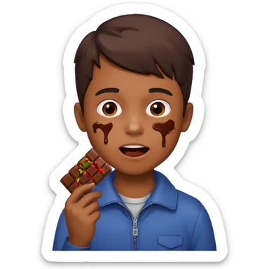 A boy holding a chocolate bar with him chewing on the bite he took sticker