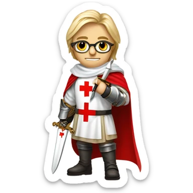 blond haired Masonic knight Templar wearing glasses and a white tunic with a Red Cross on the front and a white mantle with a hood with a Red Cross on the left side and a male face  and holding a sword. sticker