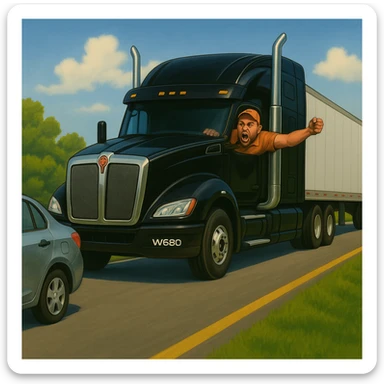 Zoom the scene out even farther, showing more of the road and landscape, with the black Kenworth W680 semi truck featuring a chrome stack, an angry bald driver wearing an orange shirt and baseball cap with his arm out the window, following a car. The scene should remain bright and vibrant. sticker