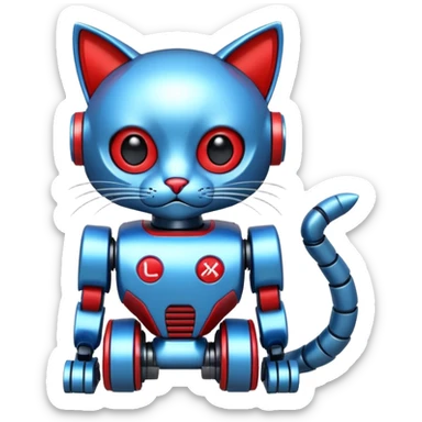 generate robot cat, glossy, realstic, red and blue color, write on text "LMX" sticker