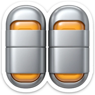 capsule pill emoji, metallic silver halves, smooth glossy finish, futuristic pharmaceutical 3D icon, isolated on white sticker