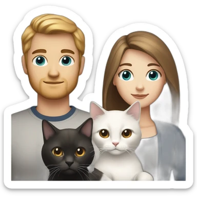 white female with blue-gray eyes and long hair with white male with brown bob hair and brown eyes holding black cat sticker