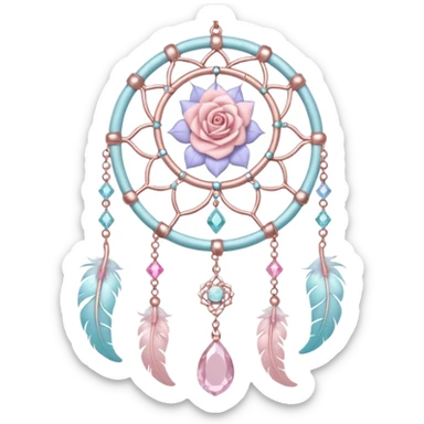 Rosy shiny glossy sparkly romantic pastel crescent damask moon with rose quartz pastel vines pastel gems pastel beads with feathers and chains  suncatcher-dreamcatcher sticker