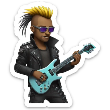 cyberpunk rockstar, mohawk,  mechanical sci-fi electric guitar sticker