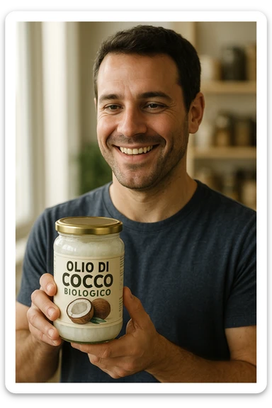 realistic and cinematic style portrait of a smiling man choosing organic coconut oil, face and features similar to reference photo, holding a jar of coconut oil with Italian label 'Olio di Cocco Biologico', bright atmosphere, vertical 2:3 aspect ratio sticker