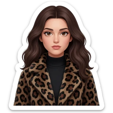 kitten grey colour inarms A stylish young woman with long, wavy dark brown hair and defined, expressive eyebrows. She has deep brown eyes with a calm, aesthetic gaze. She is wearing a chic, oversized dark leopard-print faux fur coat.modern, high-fashion, and slightly mysterious vibe.8k resolution. sticker