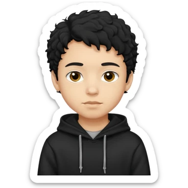 Now create boy with little bit curly dark black hair with black hoodie on and make him light skin sticker