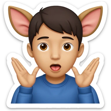 a boy with asian eyes holding his ears and with his tongue out sticker
