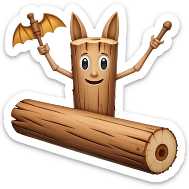 The character is an anthropomorphic wooden log with a cartoonish face, human arms and legs, and a long wooden bat, giving it a surreal, humorous appearance. sticker