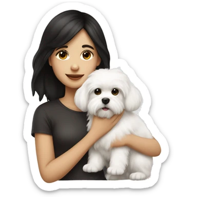 A girl with dark hair and a white fluffy maltese puppy sticker
