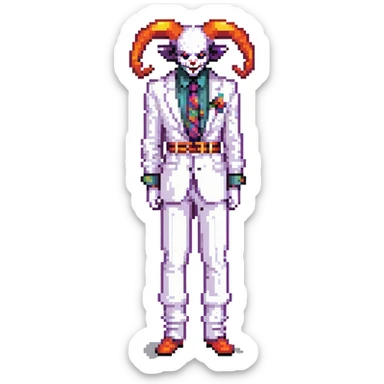 full-body demonic clown in a white leisure suit with bellbottom pants, bald, black ram horns, flashy belt, ruffled shirt, colorful tie, no elevator shoes sticker