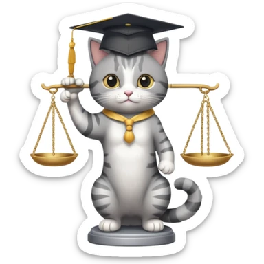 cat wearing a graduation cap, balancing the scales of justice on the tip of its tail sticker