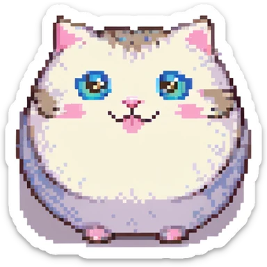 pixel art emoji of a round, adorable cat sitting, big shiny eyes, pink cheeks, joyful face sticker