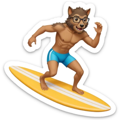 A nerdy werewolf surfing sticker