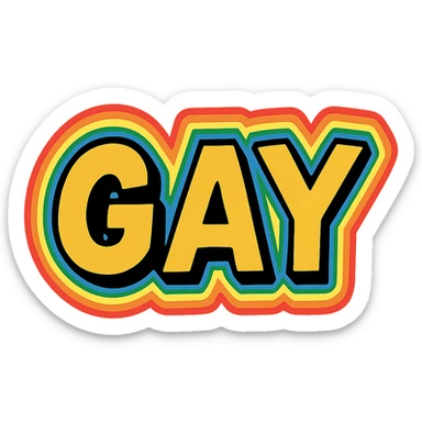 the word GAY in blocky comic font with rainbow outline sticker