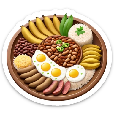 Cinematic Realistic Bandeja Paisa Dish Emoji, depicted as a hearty platter featuring beans, rice, meat, and plantains rendered with detailed textures and vibrant, robust lighting. sticker